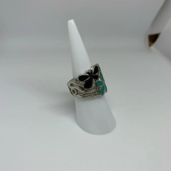 NEW Silver w Black Turquoise Flower Ring - Picture 3 of 7